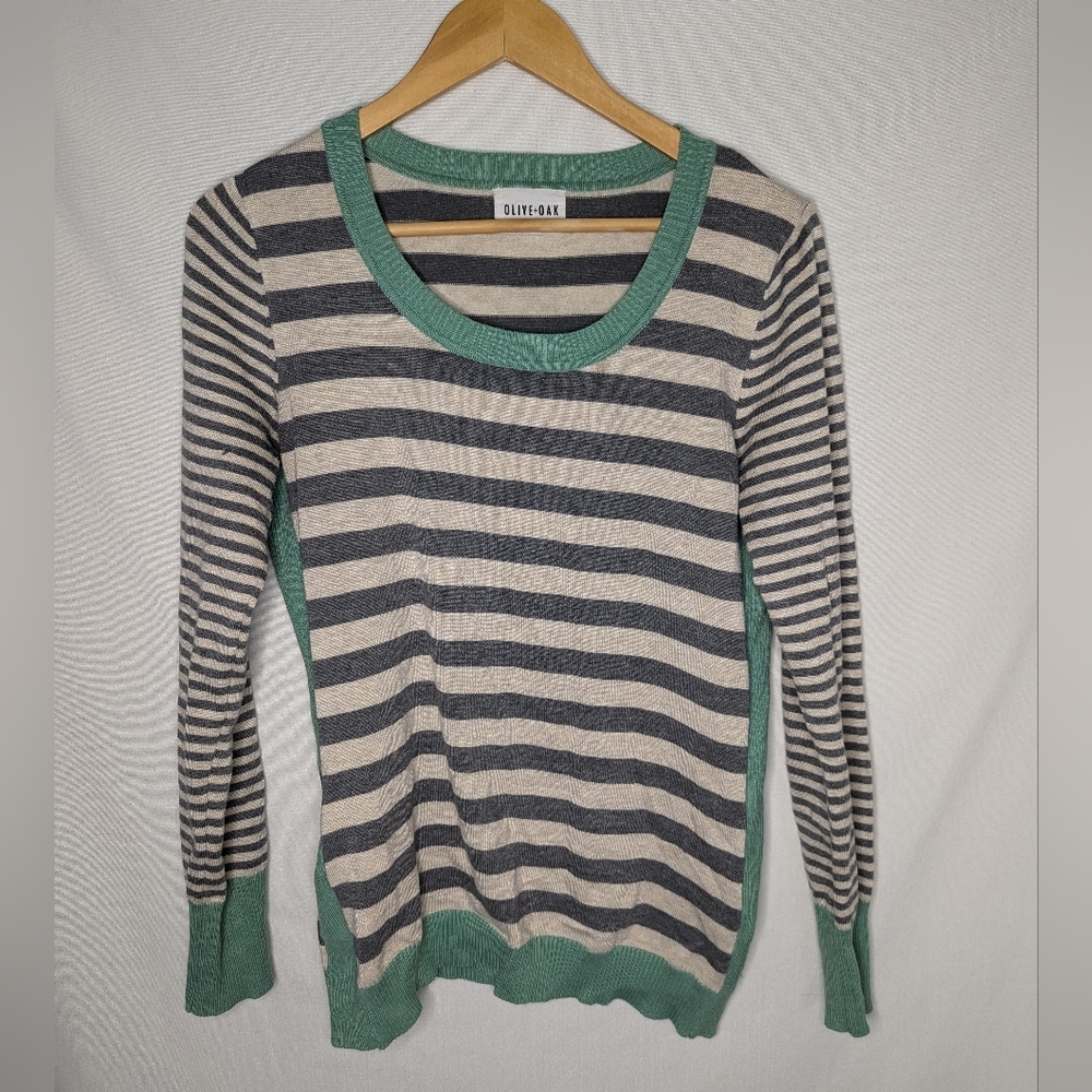 Olive Oak Green Gray Striped Soft Knit Pullover Sweater Size Medium